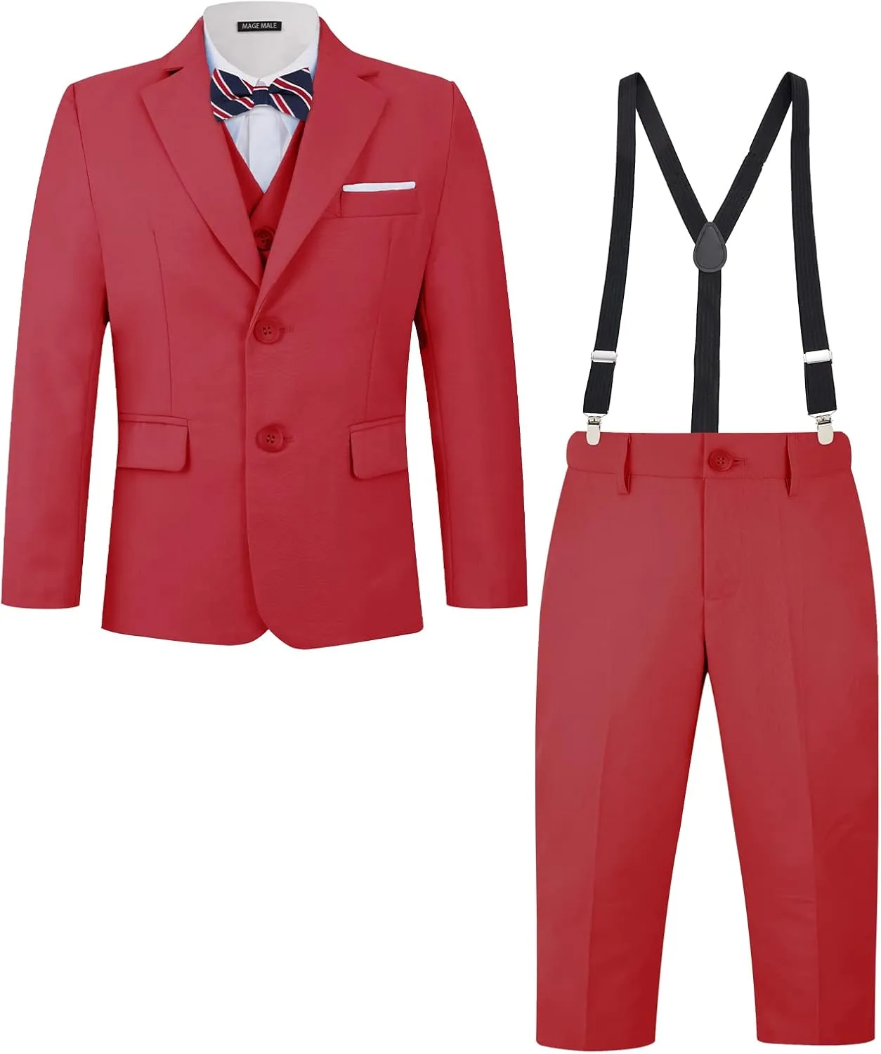 MAGE MALE Boys Multiple Colour Formal Dress Suits 5 Piece Slim Fit Dresswear Suit Set with Kids Suspenders