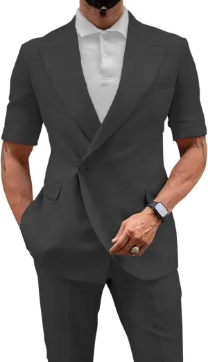 Men's 2 Piece Short Suits Set Short Pants & Short Sleeved Jacket Slim Fit Casual Mens Summer Suit