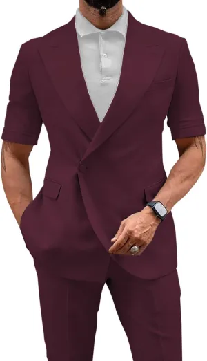 Men's 2 Piece Short Suits Set Short Pants & Short Sleeved Jacket Slim Fit Casual Mens Summer Suit