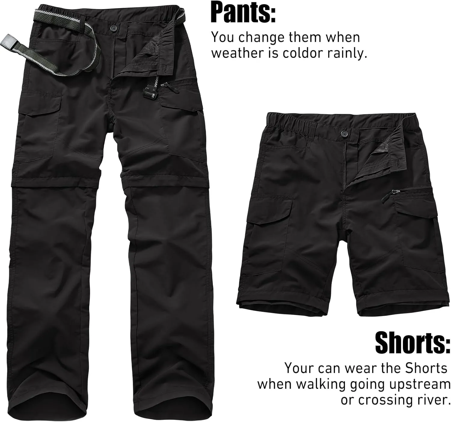 Mens Hiking Convertible Pants Quick Dry Zip Off Lightweight Cargo Fishing Work Pants Trousers with Belt