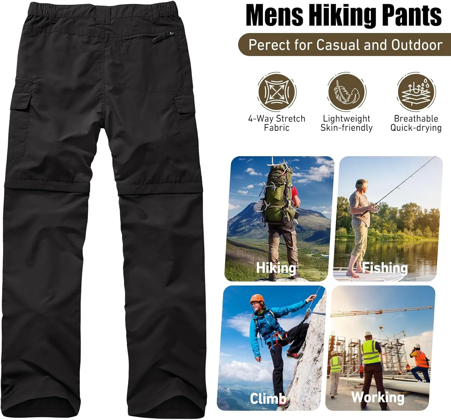 Mens Hiking Convertible Pants Quick Dry Zip Off Lightweight Cargo Fishing Work Pants Trousers with Belt