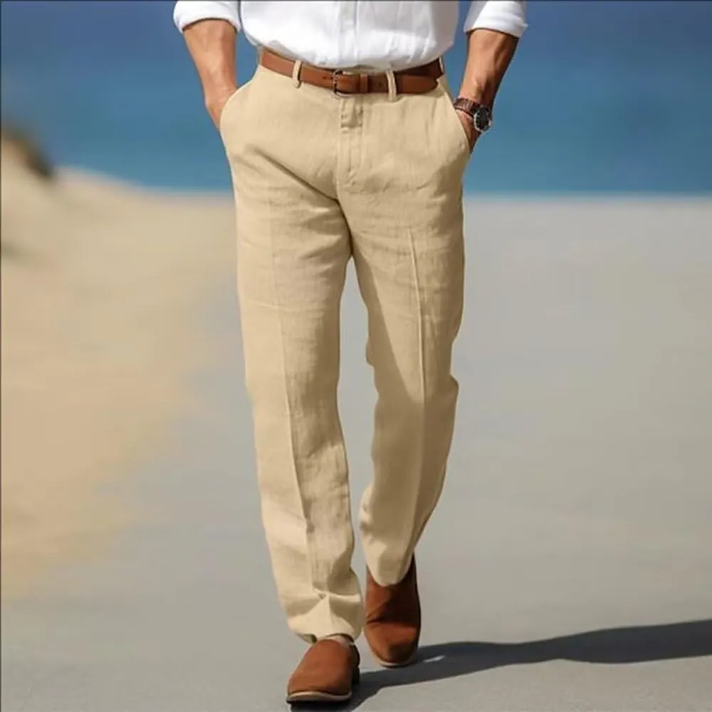 Mens Linen Dress Pants Regular Fit Vintage Suit Trouser Lightweight Summer Casual Suit Pants Long for Men