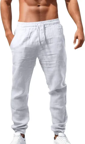 Men's Linen Pants Drawstring Lightweight Loose Beach Yoga Pants Summer Outdoor Hiking Trousers with Pockets Chino Pant Black