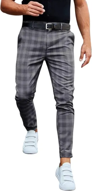 Men's Slim Fit Plaid Dress Trousers Fashion Flat Front Checkered Chino Pants Big and Tall Stretch Skinny Work Trouser