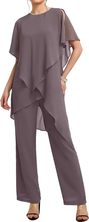 Mother of The Bride Pant Suits 2 Pieces Chiffon Womens Maxi Dress for Wedding