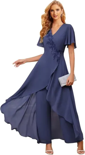 Mother of The Bride Pant Suits for Wedding 2Pcs Chiffon Lace Appliques Short Sleeve Pant Suits for Women Dressy