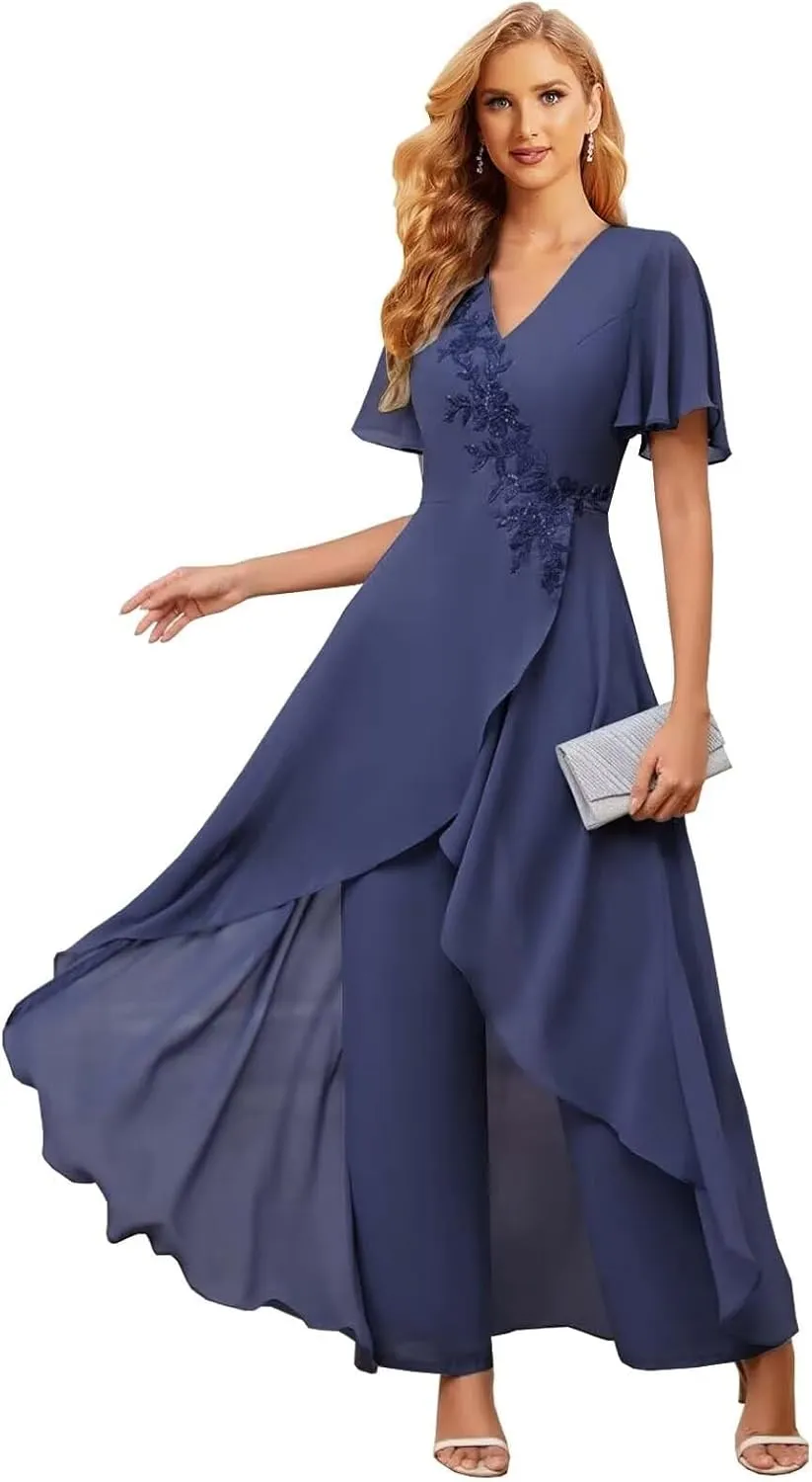 Mother of The Bride Pant Suits for Wedding 2Pcs Chiffon Lace Appliques Short Sleeve Pant Suits for Women Dressy