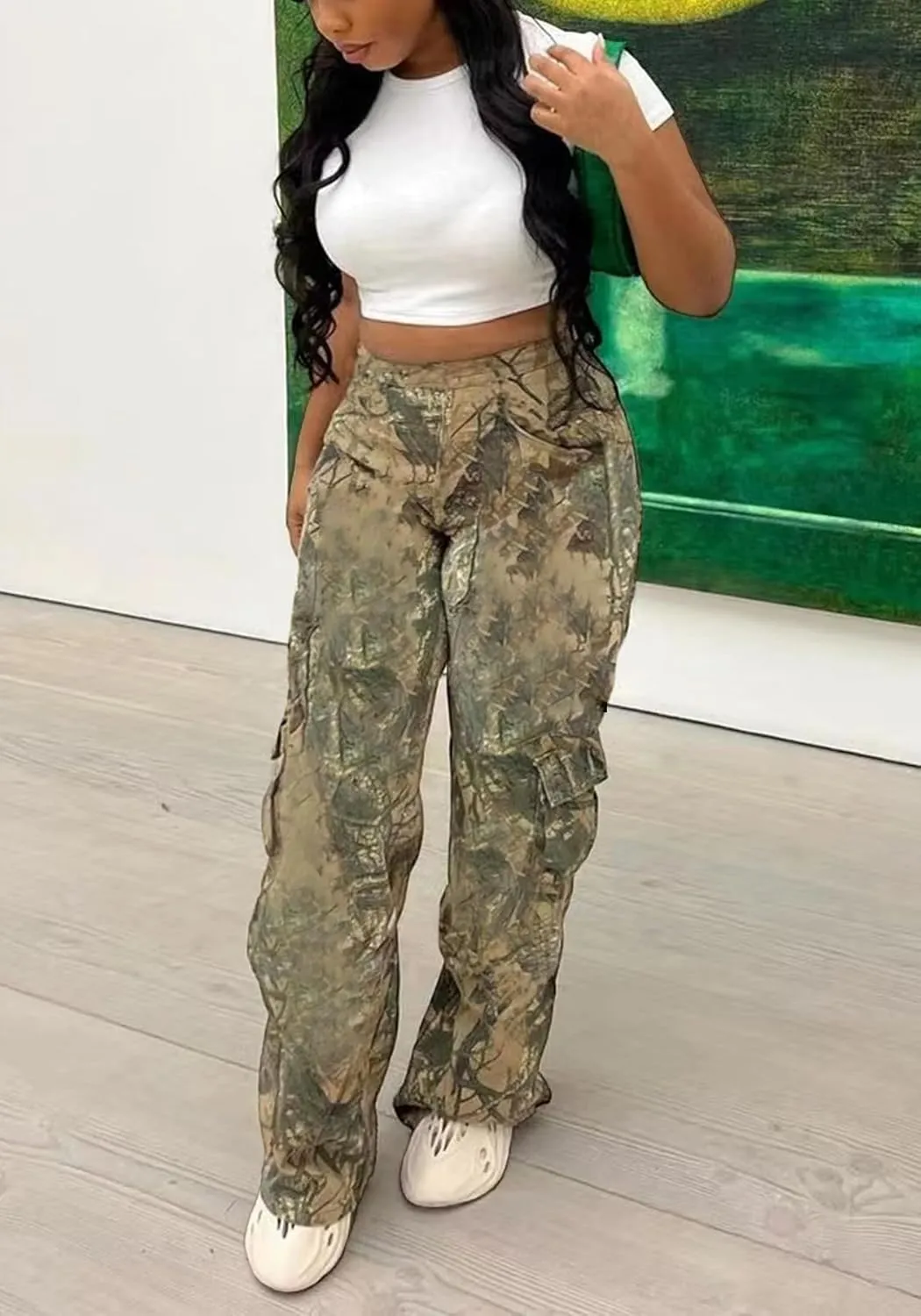 NRTHYE Women Camouflage Cargo Pants Pocket Zipper High Waist Patchwork Straight Casual Trousers