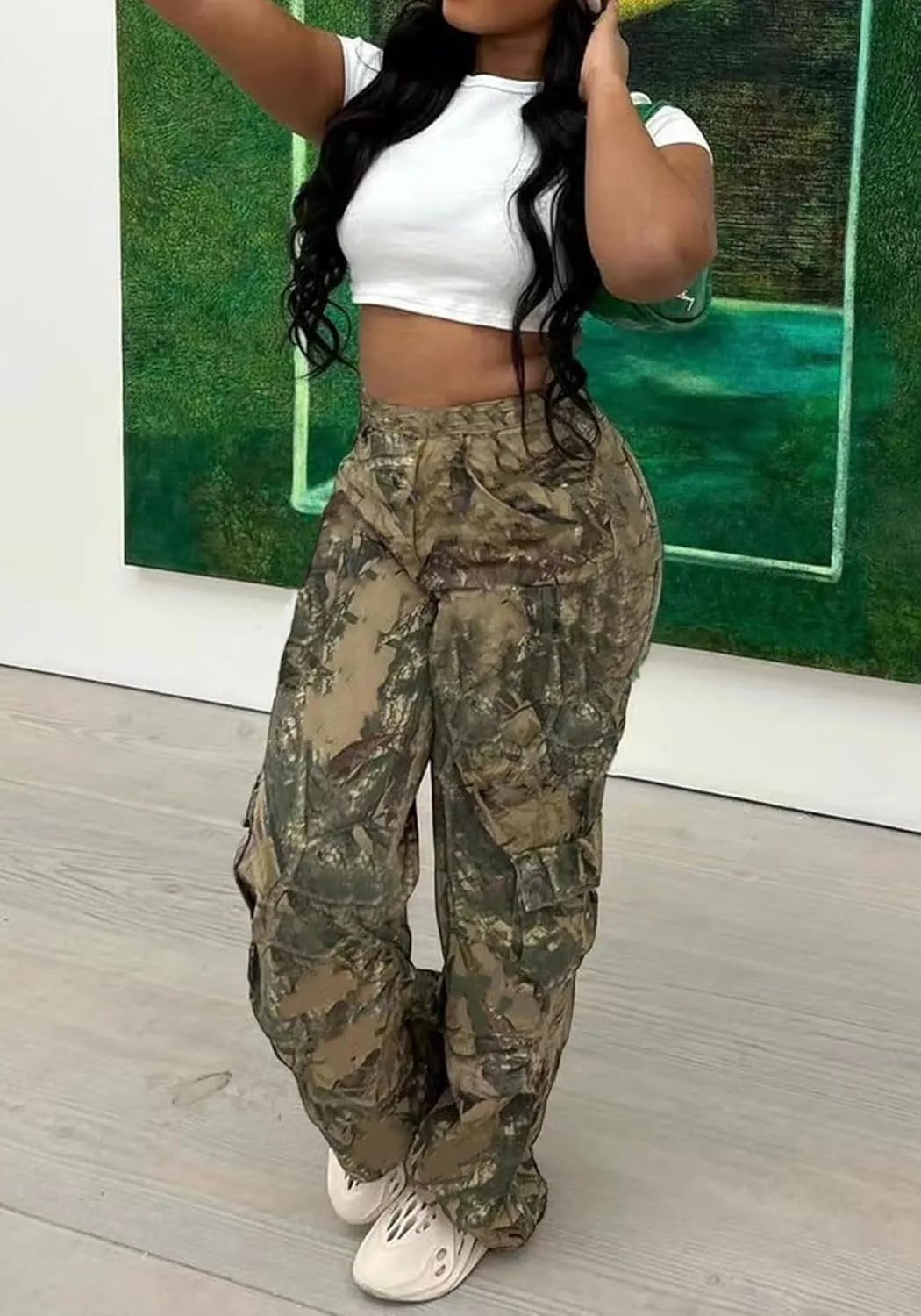 NRTHYE Women Camouflage Cargo Pants Pocket Zipper High Waist Patchwork Straight Casual Trousers