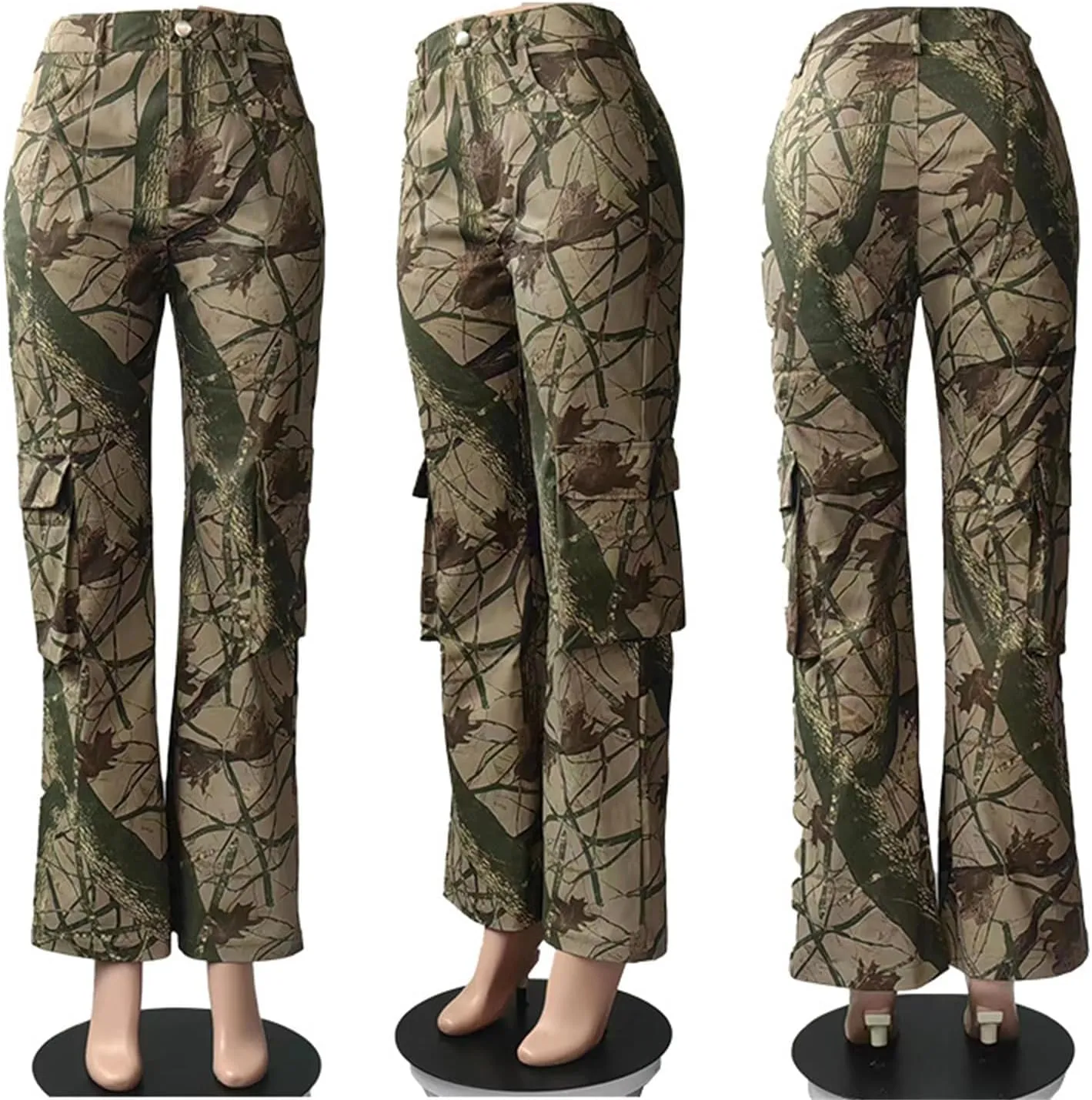 NRTHYE Women Camouflage Cargo Pants Pocket Zipper High Waist Patchwork Straight Casual Trousers