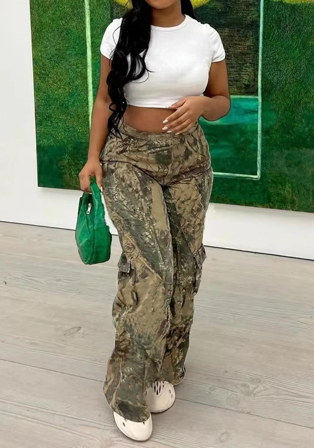NRTHYE Women Camouflage Cargo Pants Pocket Zipper High Waist Patchwork Straight Casual Trousers