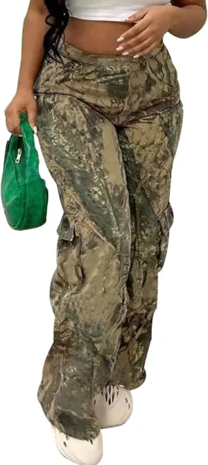 NRTHYE Women Camouflage Cargo Pants Pocket Zipper High Waist Patchwork Straight Casual Trousers