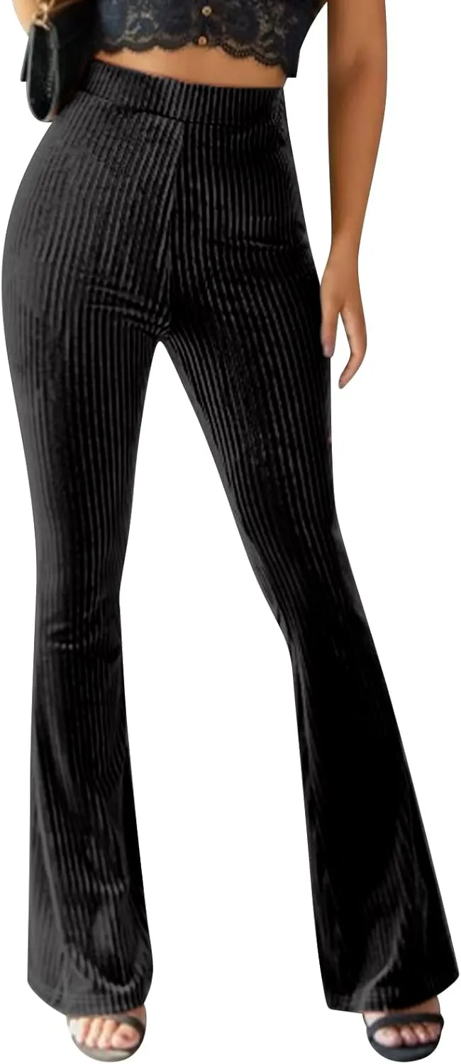 ODIZLI Women Velvet High Waisted Wide Leg Palazzo Flare Pants Solid Long Trousers