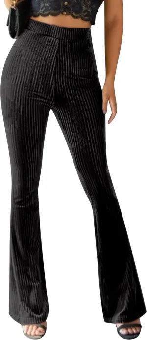 ODIZLI Women Velvet High Waisted Wide Leg Palazzo Flare Pants Solid Long Trousers