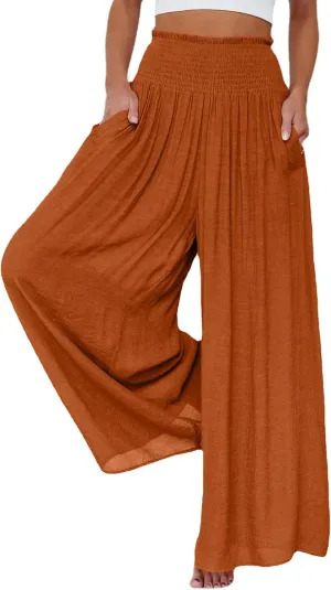 OPOIPIN Women's Smocked High Waisted Lounge Trousers Wide Leg Long Pants with Pockets