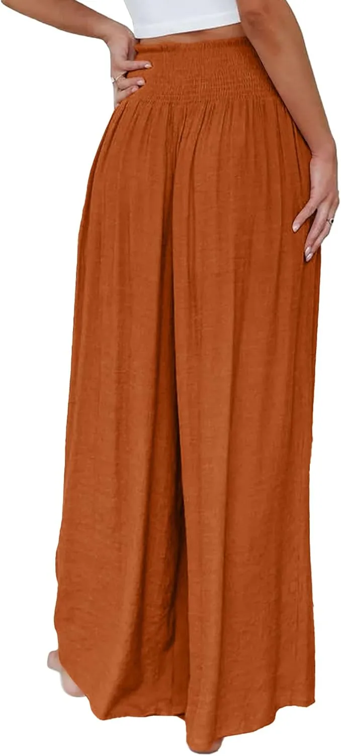 OPOIPIN Women's Smocked High Waisted Lounge Trousers Wide Leg Long Pants with Pockets