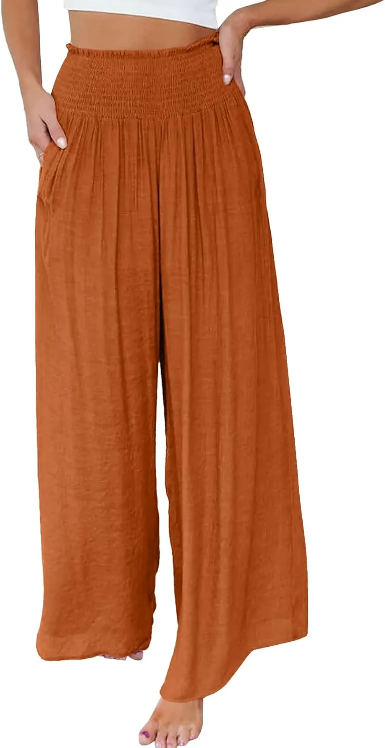 OPOIPIN Women's Smocked High Waisted Lounge Trousers Wide Leg Long Pants with Pockets