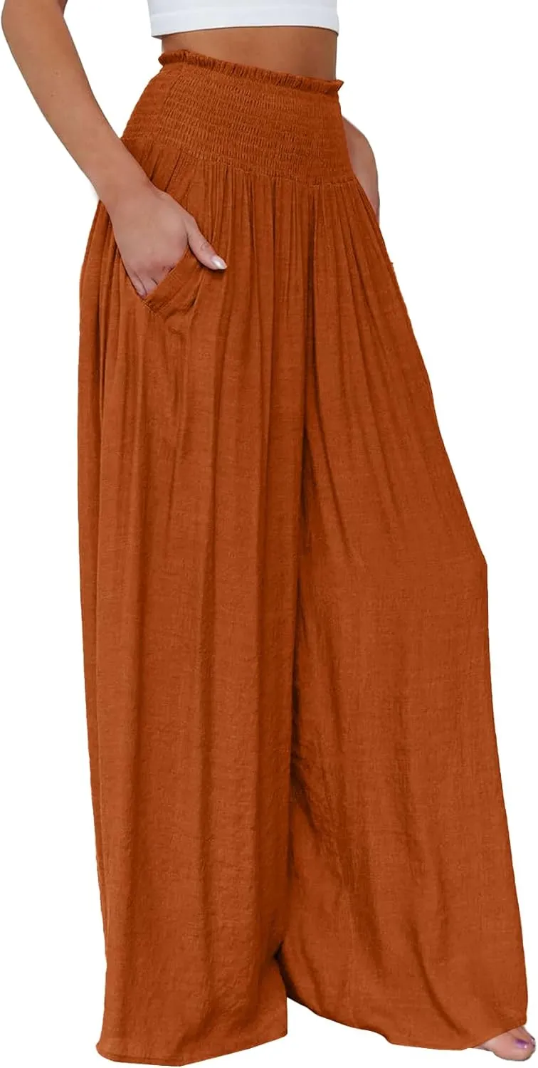 OPOIPIN Women's Smocked High Waisted Lounge Trousers Wide Leg Long Pants with Pockets