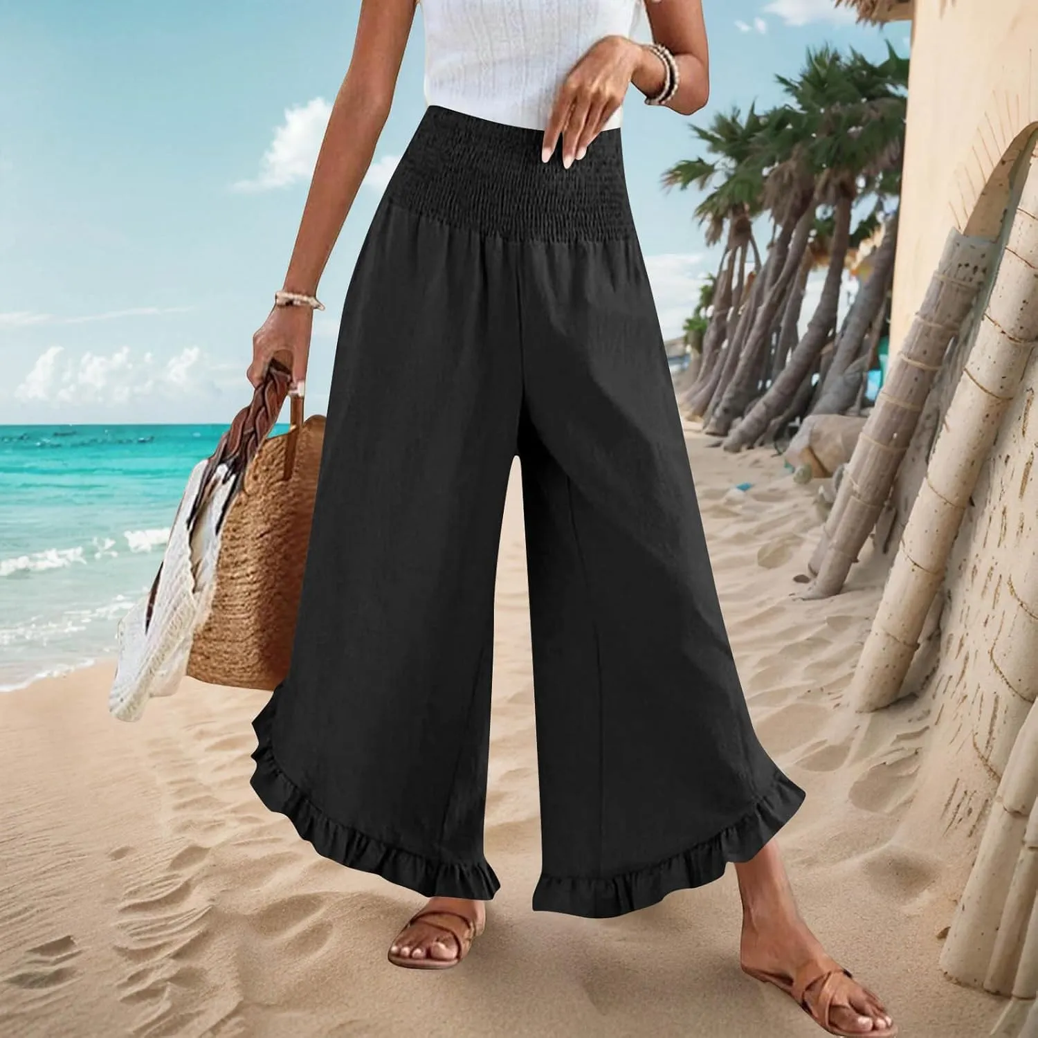 Palazzo Pants for Women Stretch Smocked High Waisted Ruffle Hem Loose Fit Pant Summer Casual Linen Wide Leg Trousers