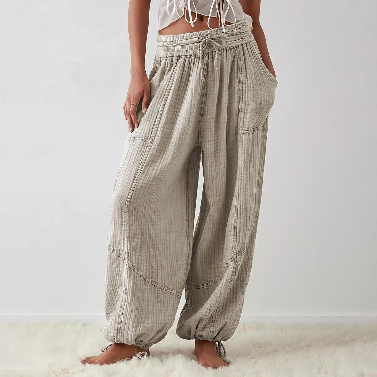 Pants for Women Elastic Waist Straight Leg Baggy Beach Trousers Casual High Waist Drawstring Sweatpants with Pockets