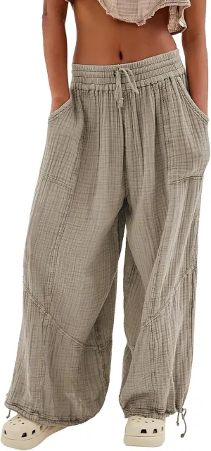Pants for Women Elastic Waist Straight Leg Baggy Beach Trousers Casual High Waist Drawstring Sweatpants with Pockets