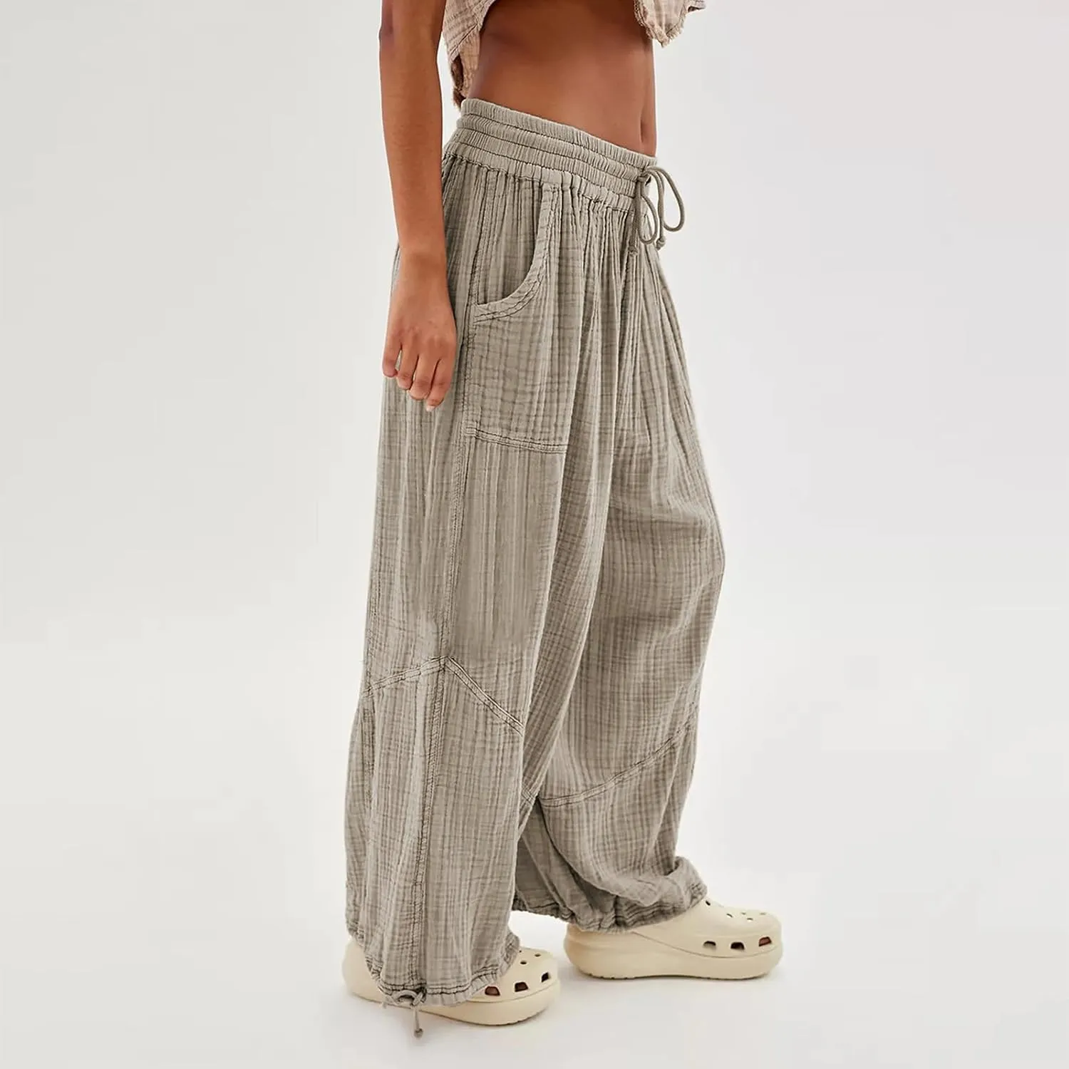 Pants for Women Elastic Waist Straight Leg Baggy Beach Trousers Casual High Waist Drawstring Sweatpants with Pockets