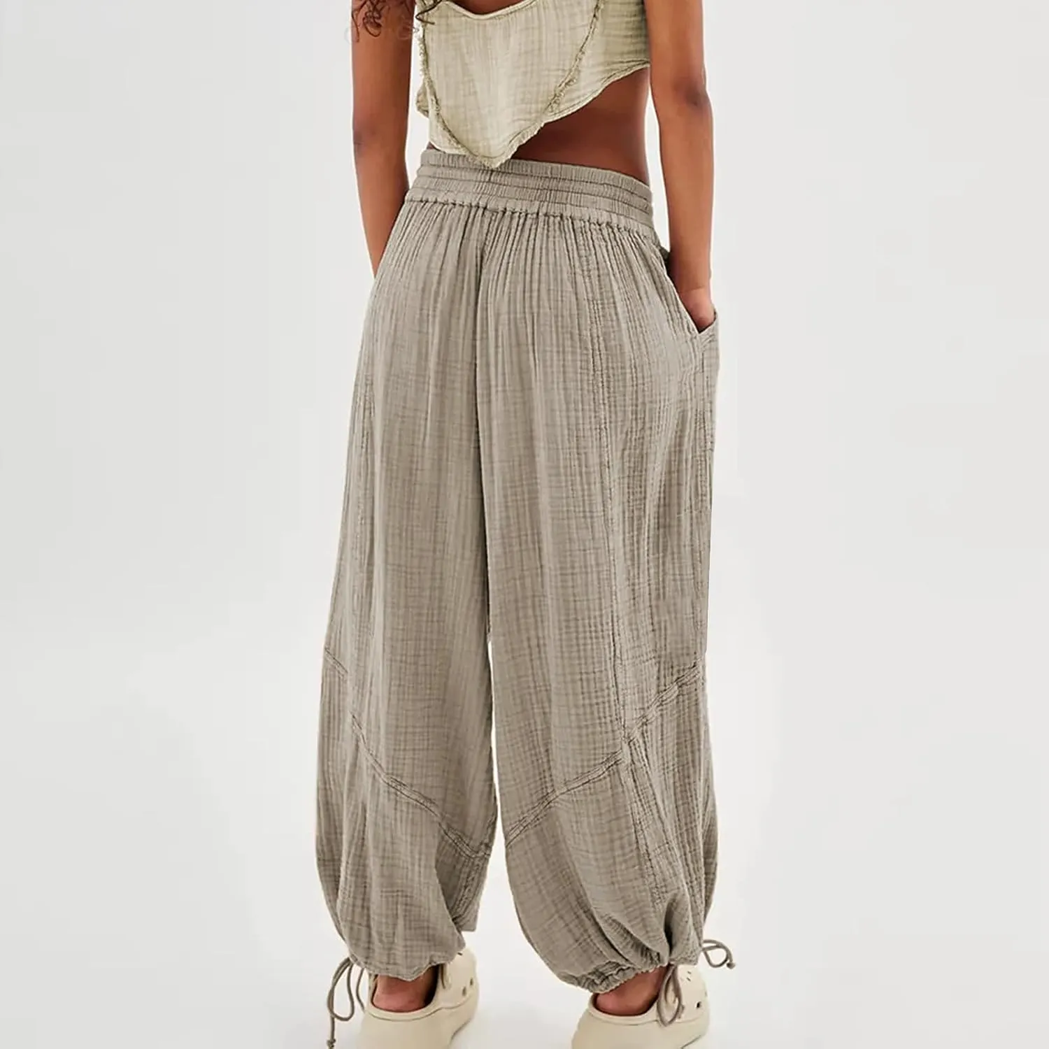 Pants for Women Elastic Waist Straight Leg Baggy Beach Trousers Casual High Waist Drawstring Sweatpants with Pockets