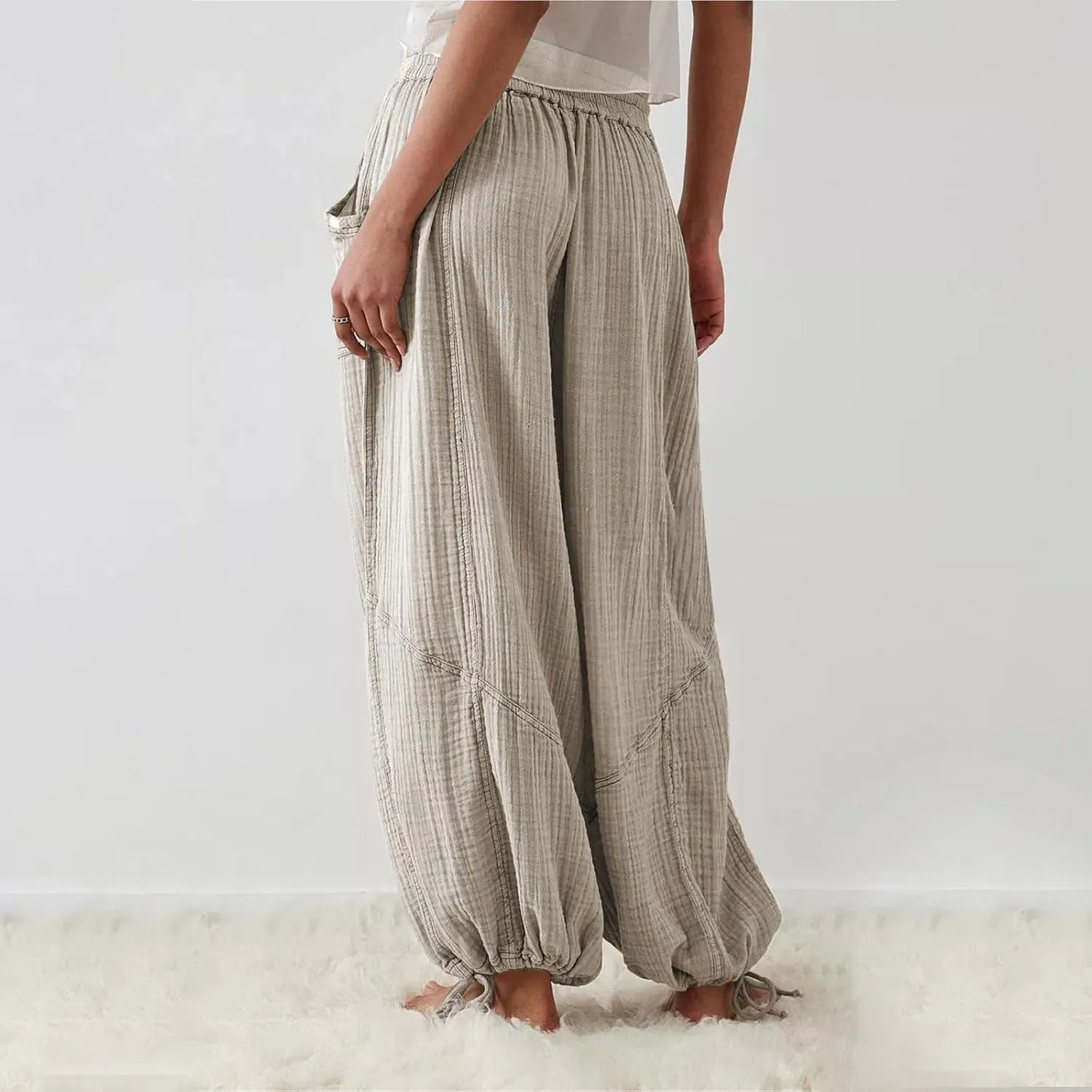 Pants for Women Elastic Waist Straight Leg Baggy Beach Trousers Casual High Waist Drawstring Sweatpants with Pockets