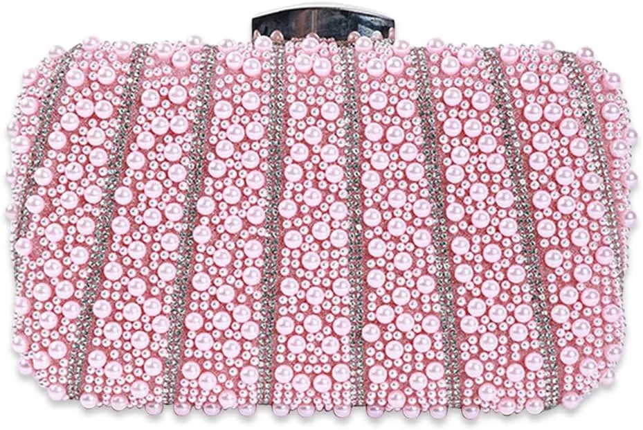 Pearl Evening Bag for Women Rhinestone Clutch Bag Beaded Handbag Bridal Wedding Purse Shoulder Bag with Detachable Chain Elegant Crystal Crossbody Bag for Banquet Prom Cocktail Party Pink