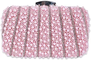 Pearl Evening Bag for Women Rhinestone Clutch Bag Beaded Handbag Bridal Wedding Purse Shoulder Bag with Detachable Chain Elegant Crystal Crossbody Bag for Banquet Prom Cocktail Party Pink