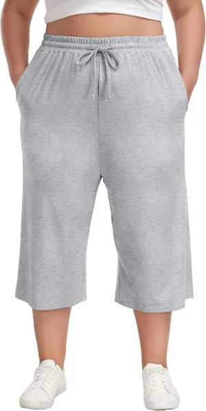 Plus Size Capris for Women Summer Wide Leg Casual Pants Loose Fit Cropped Workout Pants with Pockets Drawstring