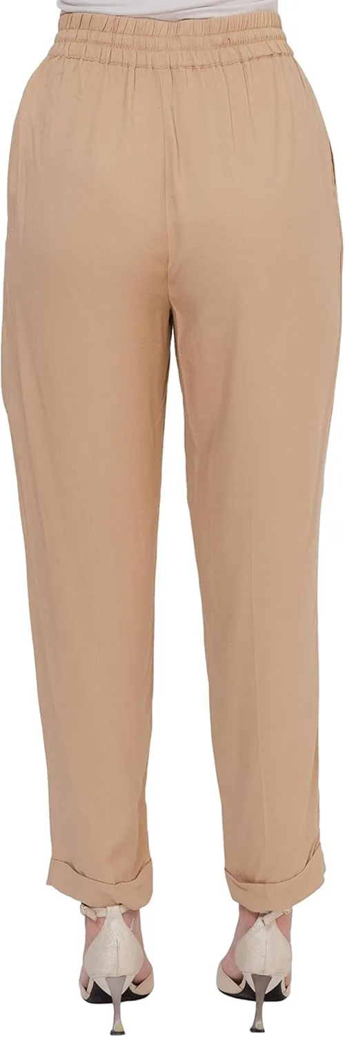 SANDY & SID Womens Pants Baggy Drawstring Pleated High Rise Slant Pockets Straight Leg Pants Work Office Business