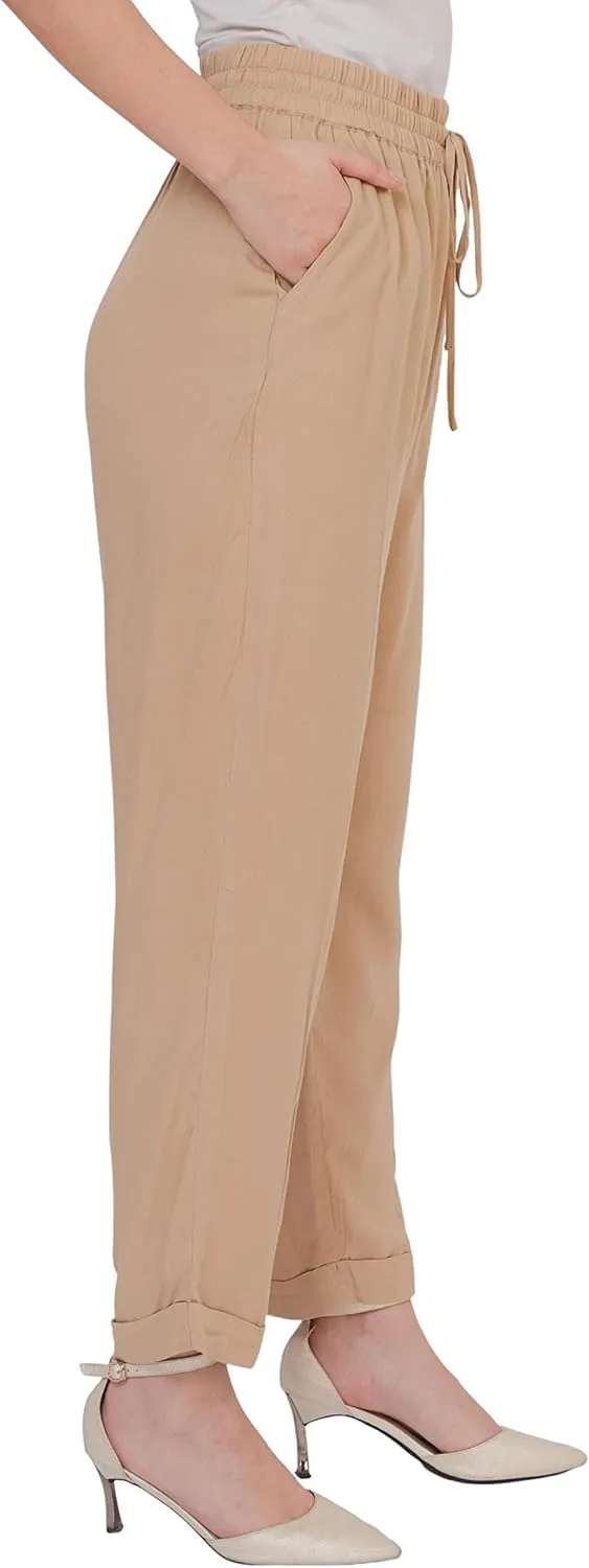SANDY & SID Womens Pants Baggy Drawstring Pleated High Rise Slant Pockets Straight Leg Pants Work Office Business