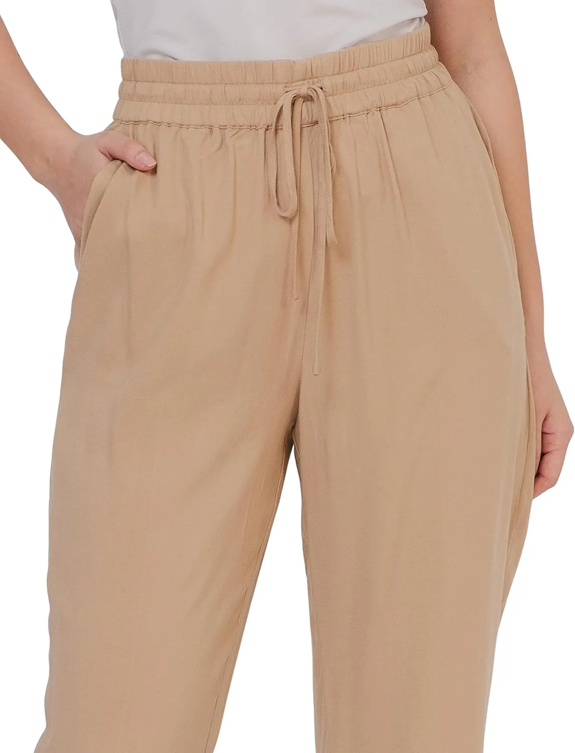 SANDY & SID Womens Pants Baggy Drawstring Pleated High Rise Slant Pockets Straight Leg Pants Work Office Business