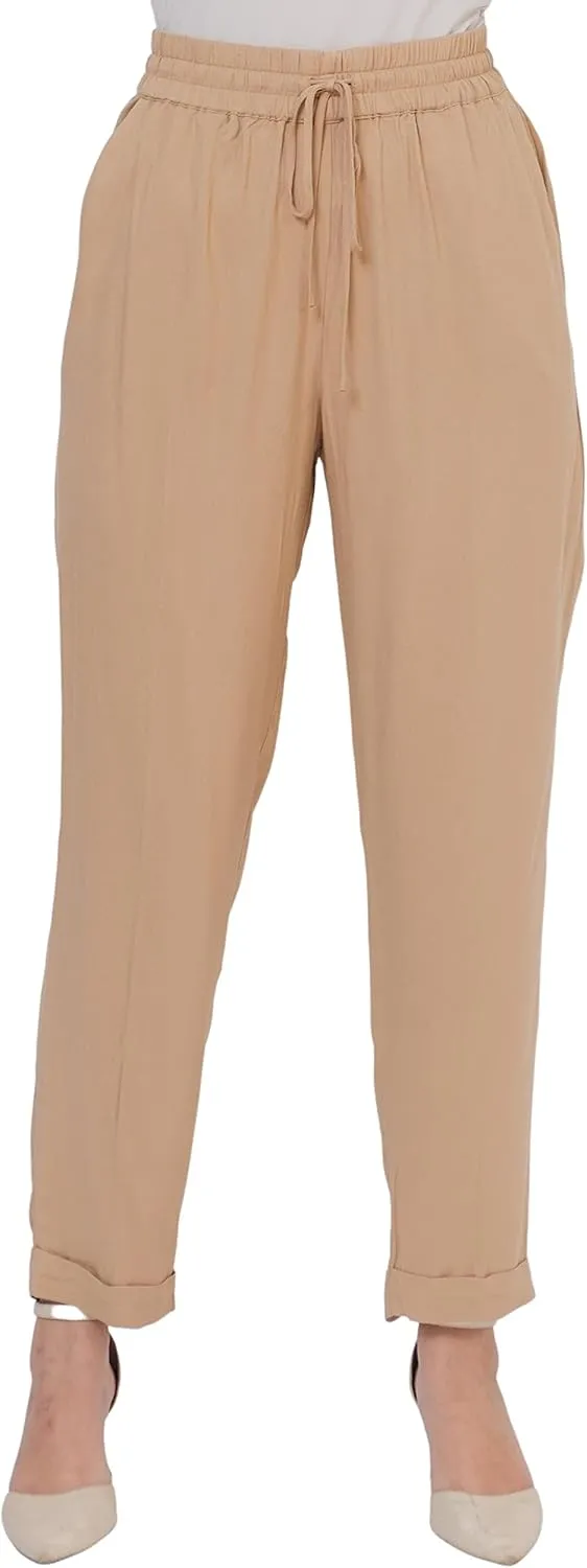 SANDY & SID Womens Pants Baggy Drawstring Pleated High Rise Slant Pockets Straight Leg Pants Work Office Business
