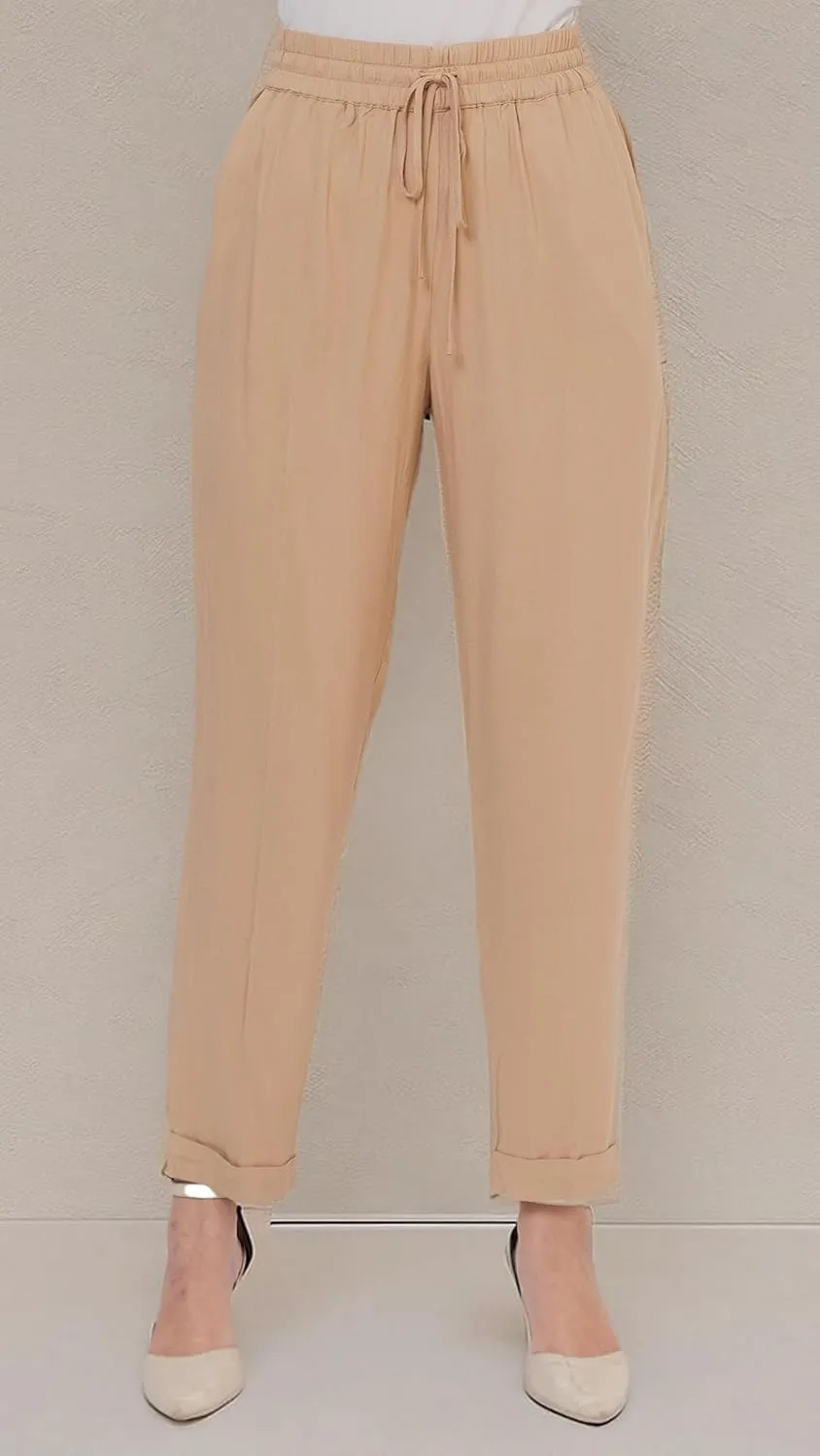 SANDY & SID Womens Pants Baggy Drawstring Pleated High Rise Slant Pockets Straight Leg Pants Work Office Business