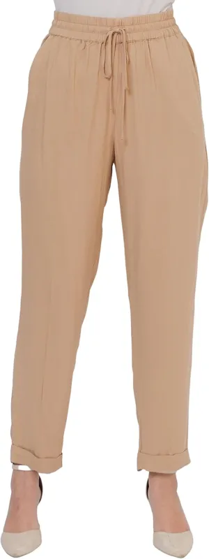SANDY & SID Womens Pants Baggy Drawstring Pleated High Rise Slant Pockets Straight Leg Pants Work Office Business