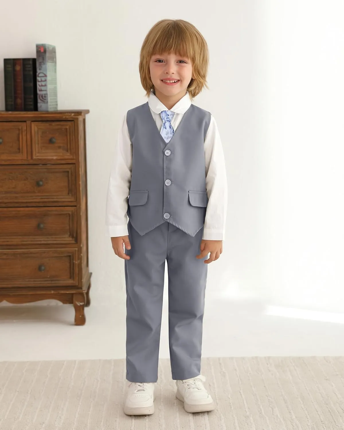 SANMIO Boy Suit Toddler Boys Formal Dress Outfit Shirt Printed Tie Vest Pants Baby Tuxedo Boys Wedding Clothes