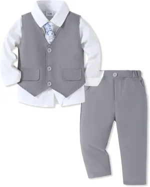 SANMIO Boy Suit Toddler Boys Formal Dress Outfit Shirt Printed Tie Vest Pants Baby Tuxedo Boys Wedding Clothes