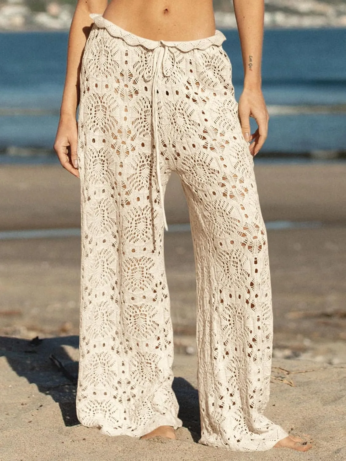 Saodimallsu Womens Crochet Swimsuit Coverup Pants High Waisted Drawstring Sexy Sheer Mesh Knit Wide Leg Beach Pants