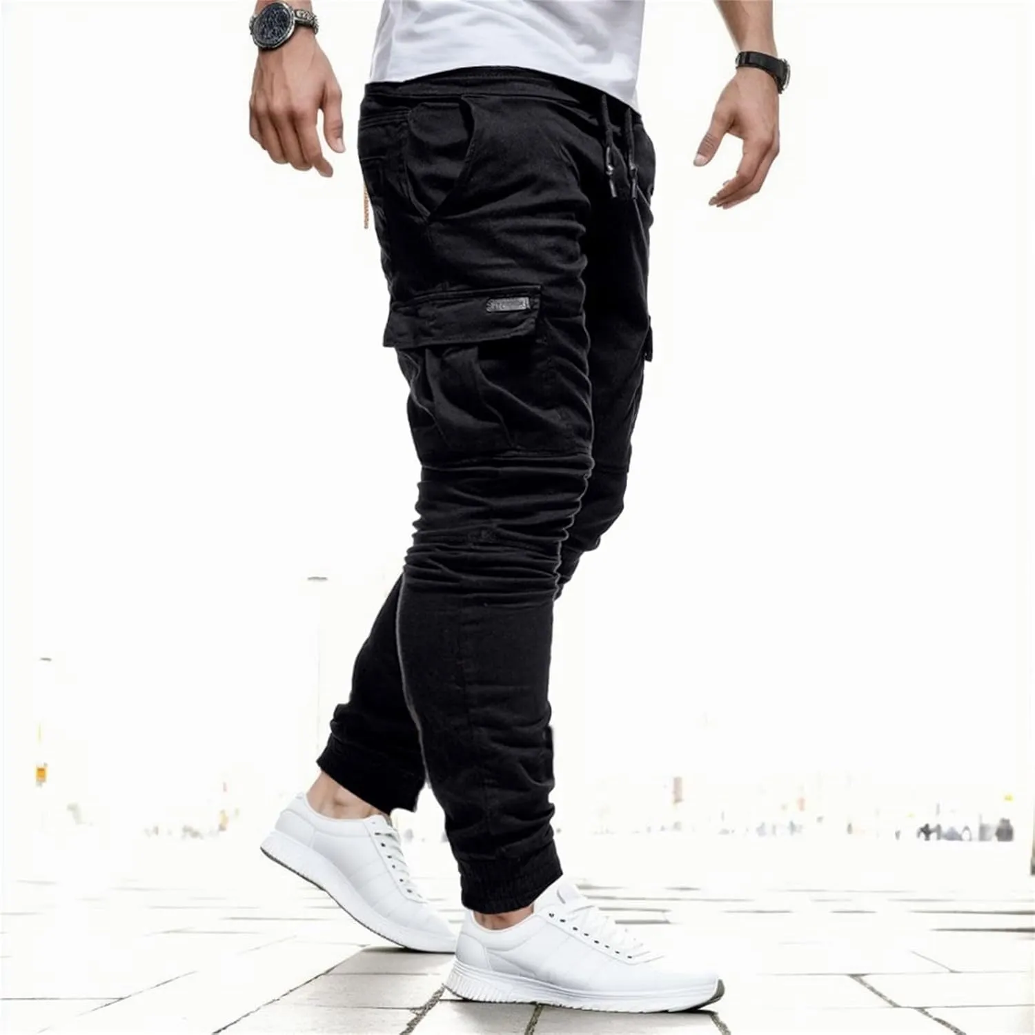 sdbrld Cargo Pants For Men Mens Outdoor Hiking Joggers Pants Solid Casual Mid Waist Drawstring Cargo Pants with Pockets