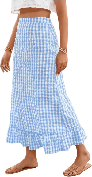 SHENHE Women's Gingham Skirt Long Ruffle Hem A Line High Waist Plaid Maxi Skirt