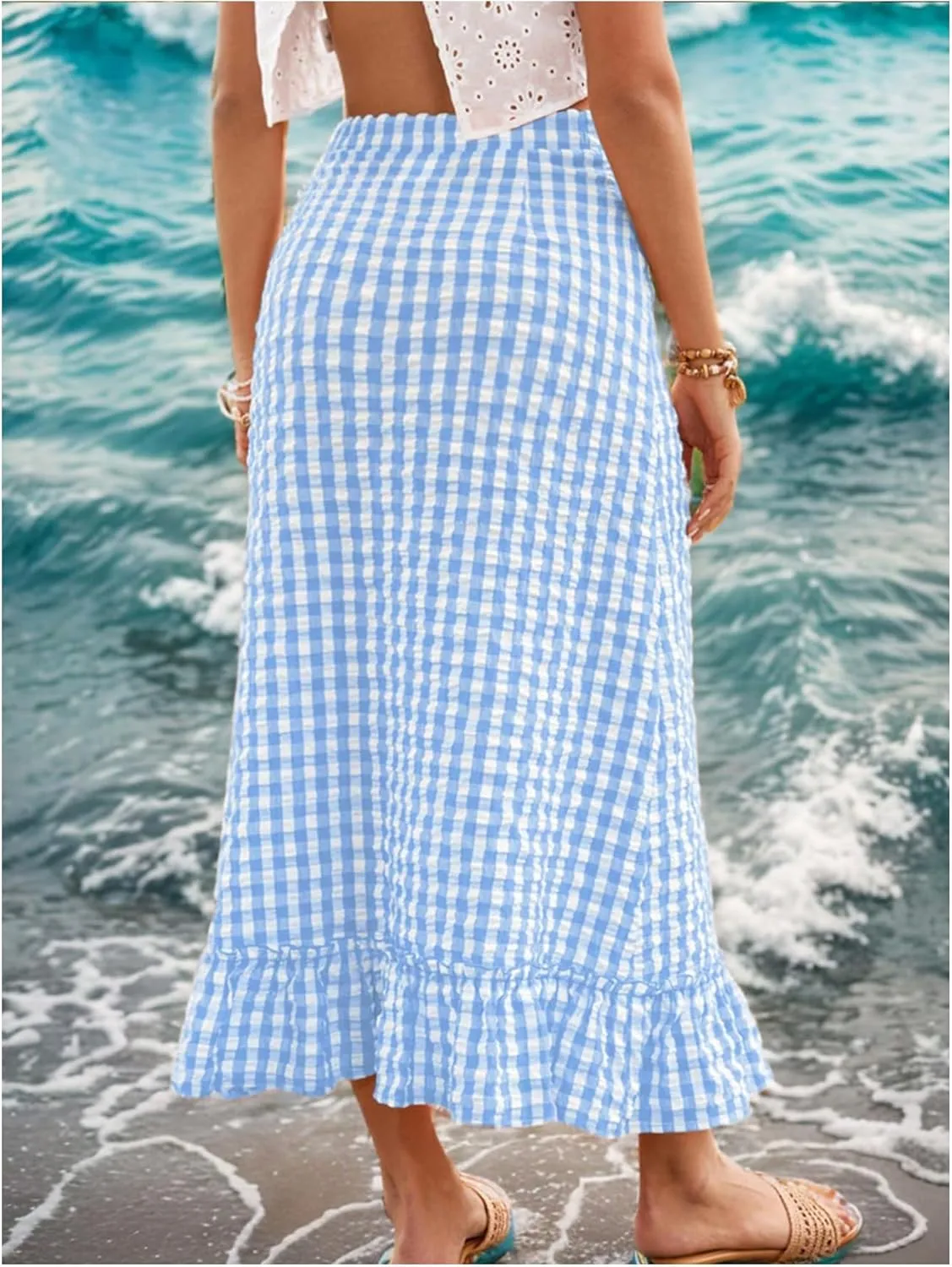 SHENHE Women's Gingham Skirt Long Ruffle Hem A Line High Waist Plaid Maxi Skirt