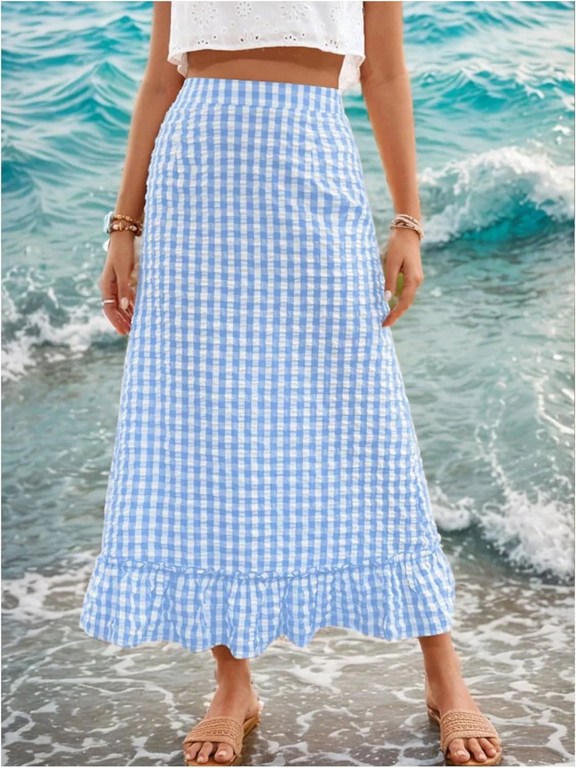 SHENHE Women's Gingham Skirt Long Ruffle Hem A Line High Waist Plaid Maxi Skirt