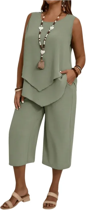 SHENHE Women's Plus Size 2 Piece Summer Outfits Crew Neck Tank Top Tunic Shirt and Capri Pants Set
