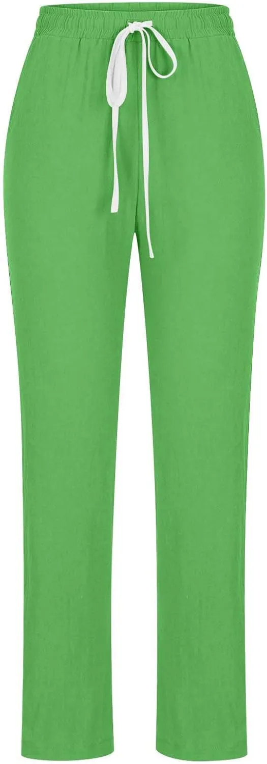 SMIDOW Womens Cotton Linen Pants Casual Drawstring Elastic High Waist Straight Leg Pants Loose Comfy Trousers with Pockets