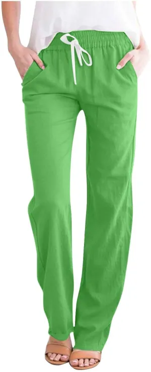 SMIDOW Womens Cotton Linen Pants Casual Drawstring Elastic High Waist Straight Leg Pants Loose Comfy Trousers with Pockets