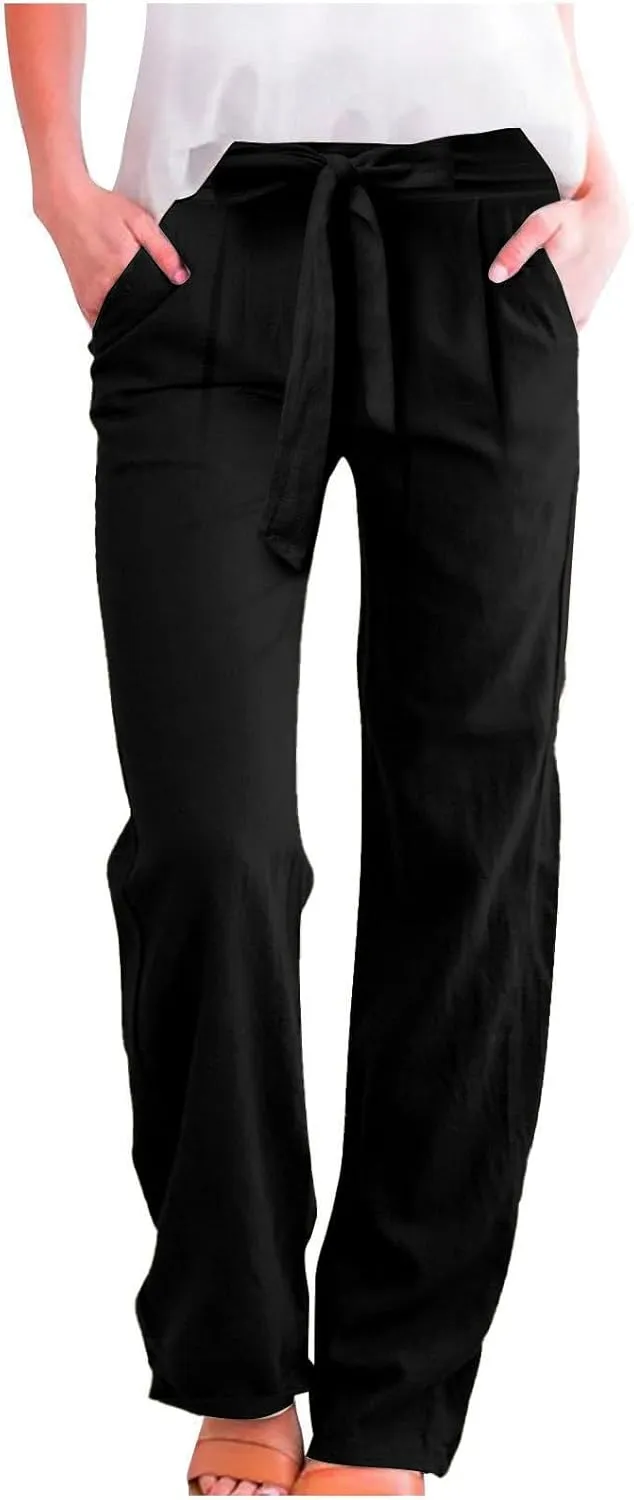 Straight Leg Linen Pants Women 2025 Summer Casual Elastic High Waisted Drawstring Pants Baggy Lounge Pants with Pockets