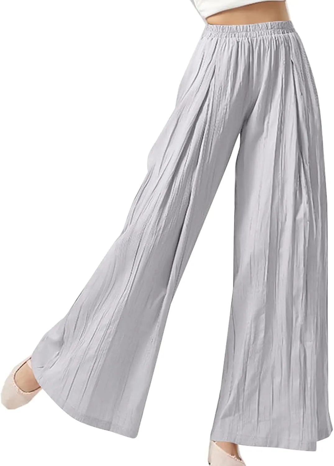 Summer Pants for Women Elastic High Waisted Pleated Pull on Wide Leg Linen Pants Ralexed Fit Flowy Beach Trouser w/Pockets