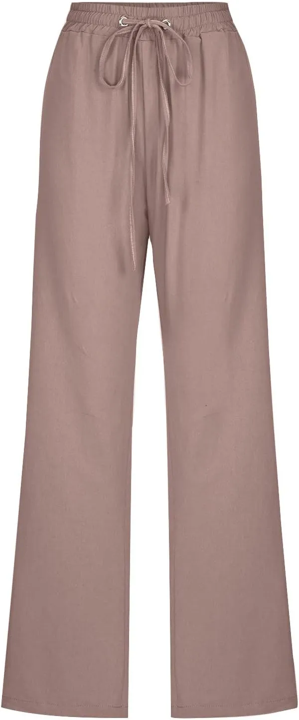 Summer Womens Linen Long Pants Wide Leg Palazzo Pants High Waisted Solid Color Lounge Trousers with Pockets